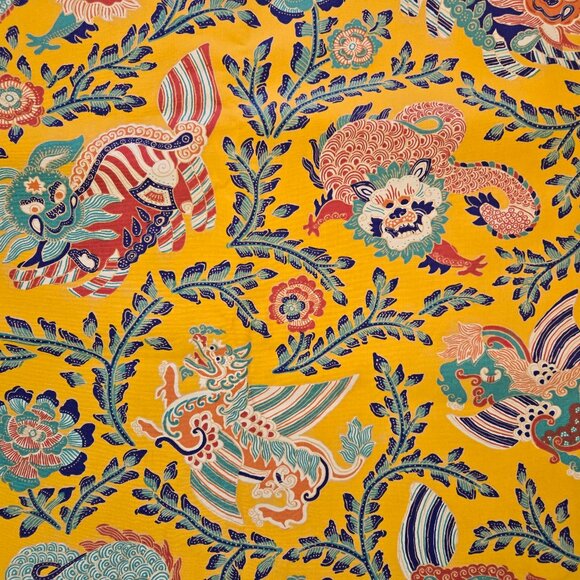 Java Jungle Yellow Asian Dragon Themed Fabric Soil & Stain Repellent Finish - Picture 1 of 12